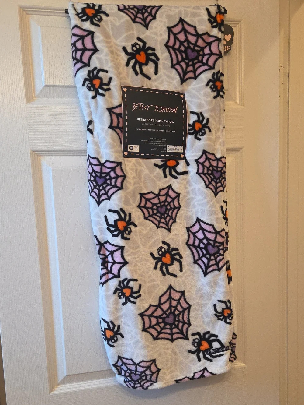 Betsey Johnson White Plush Throw with Purple Spiderwebs and Black Spiders